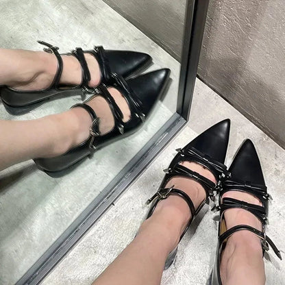 Japanese Metal Buckle Bow Mary Jane Shoes Sweet and Cool Pointed Leather Shallow Flat Shoes