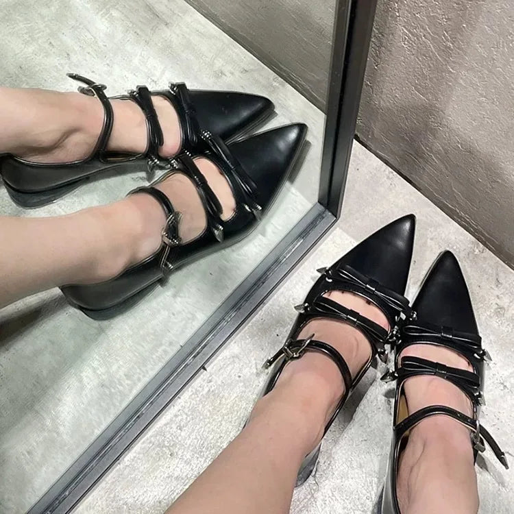 Japanese Metal Buckle Bow Mary Jane Shoes Sweet and Cool Pointed Leather Shallow Flat Shoes