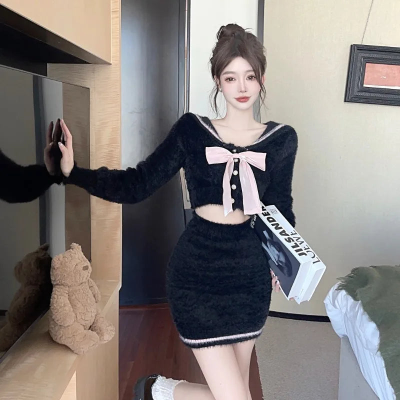 Sweet Hot Girl College Style Suit Autumn and Winter Bow Sweater Wrap Hip Mini Skirt Twopiece Set Female Clothes