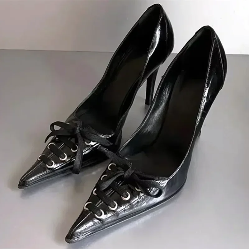 Pointed Toe Thin High Heels Lace Up Retro Street Style Party Dress Shoes Brand Designer Pumps Zapatos De Mujer