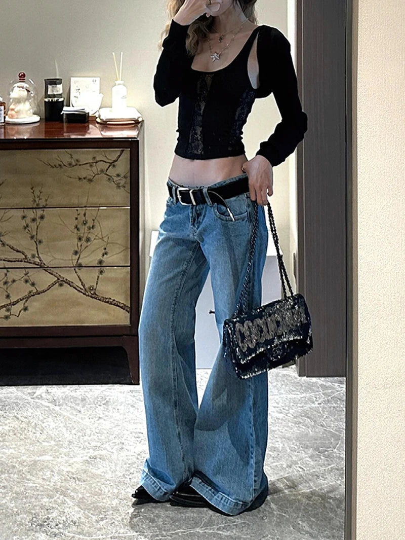 Blue Jeans High Waist Straight Summer Y2k Denim Pants American Baggy Wide Leg Denim Trouser