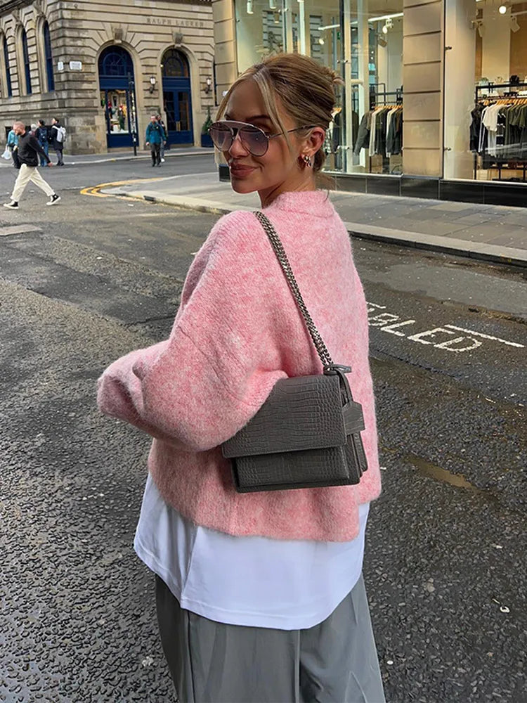 Oversize Pink Cashmere Base Sweater Long Sleeve Round Collar Pullover New Lady High