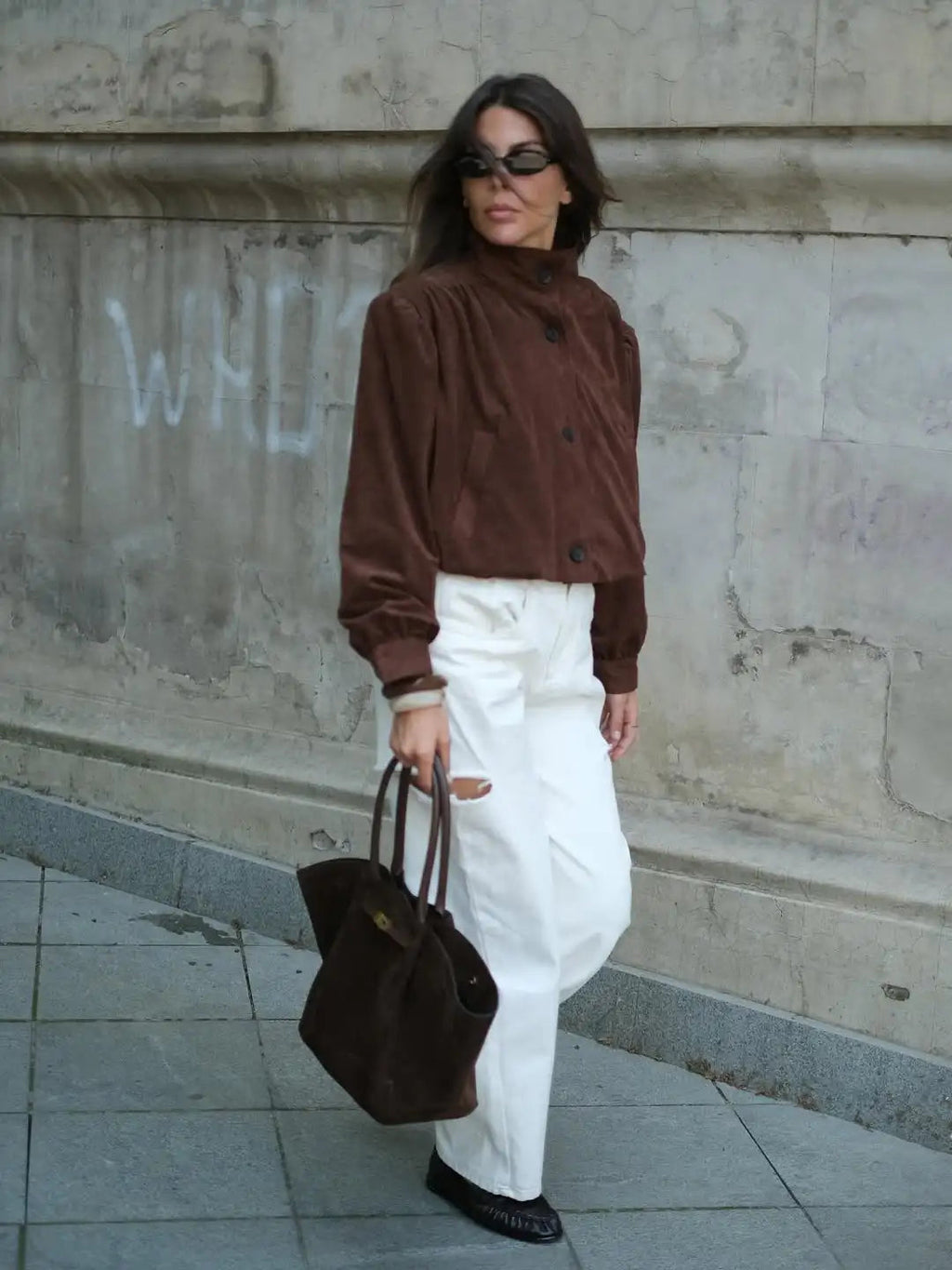 Retro Brown Suede Short Jacket Stand Collar Full Sleeves Single Breasteds Loose Coats Autumn Lady Street Wear