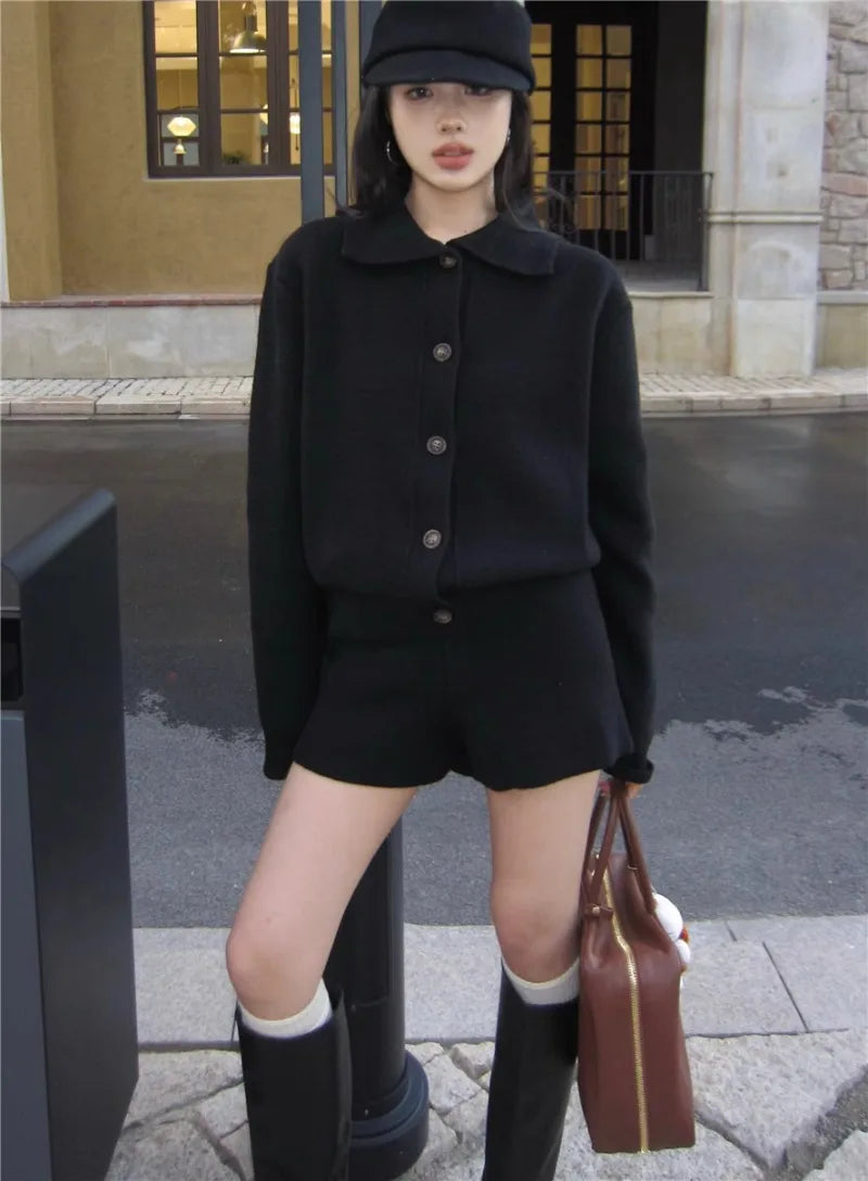 Sweet Hot Girl Suit Autumn/winter Sweater Peter Pan Collar Knitted Cardigan High Waist Shorts Twopiece Set