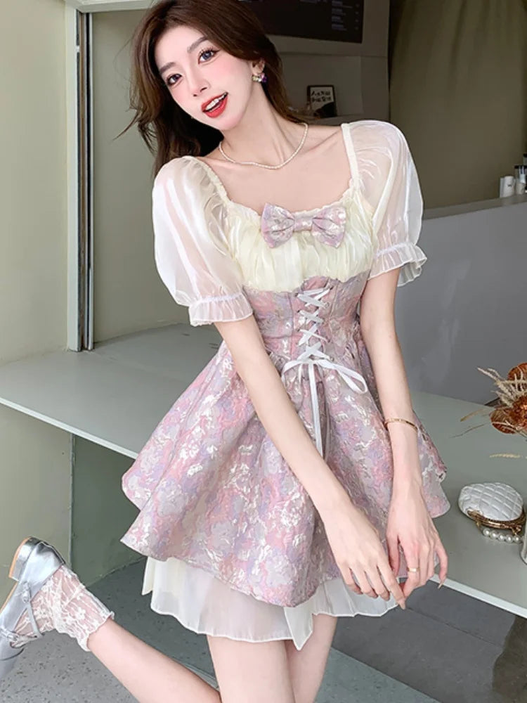 French Sweet Mini Dress for Bow Short Sleeves Laceup Princess Birthday Party Short Dresses Aline Vestidos