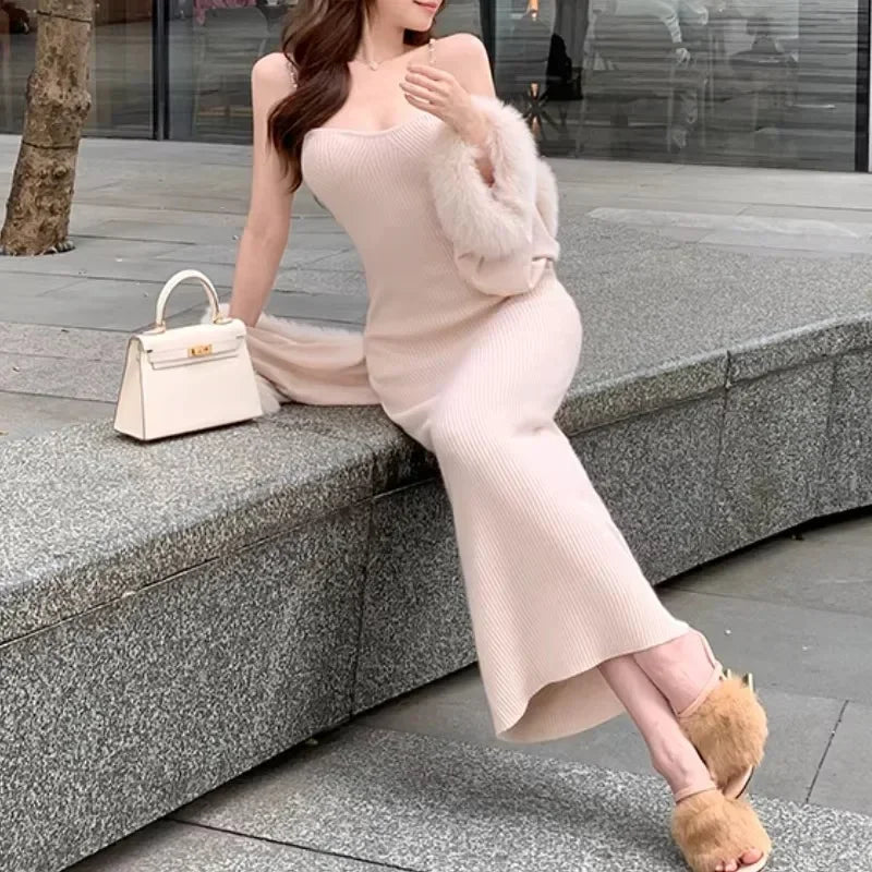 Autumn New High Street Color Threaded Chain Knit Dress + Loose Plush Spliced Cardigan Twopiece Suit
