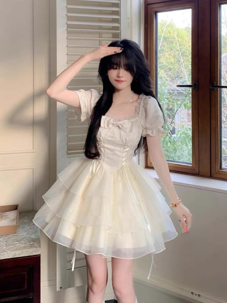 Lolita Kawaii Sweet Y2k Mini Dress Woman Short Sleeve Party Dress Japanese Lolita Korean Dress Summer