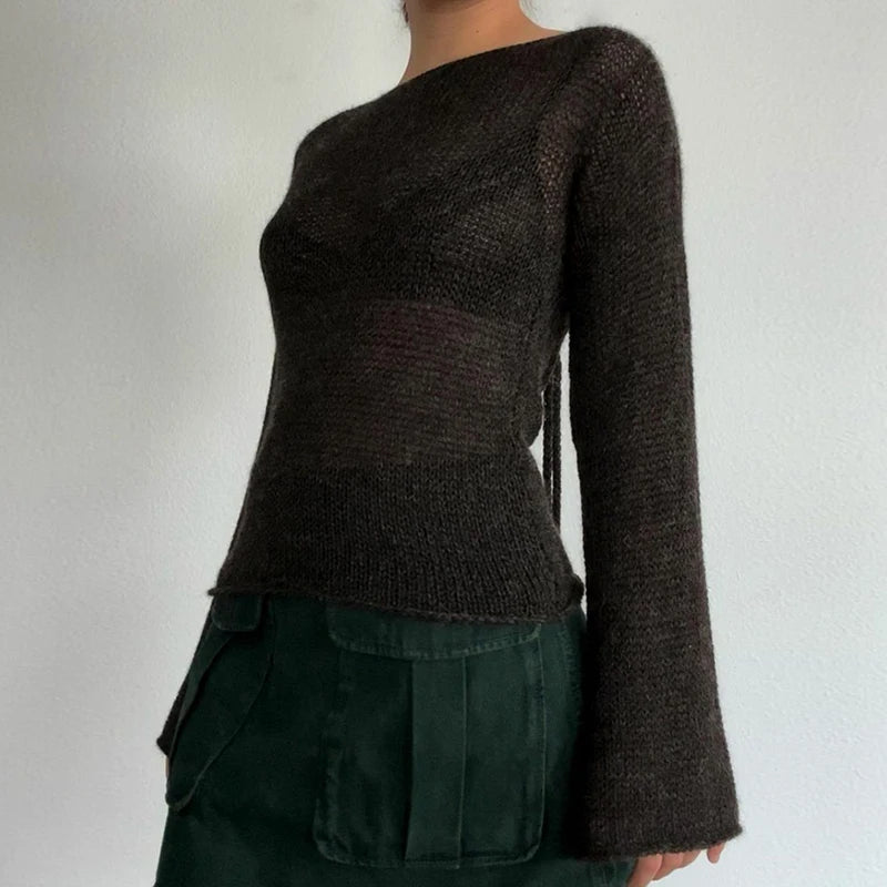 ’s Tie Up Backless Knitted Sweaters Autumn Long Sleeve Boat Neck Pullover Tops Korean Y2k Jumpers T-shirt