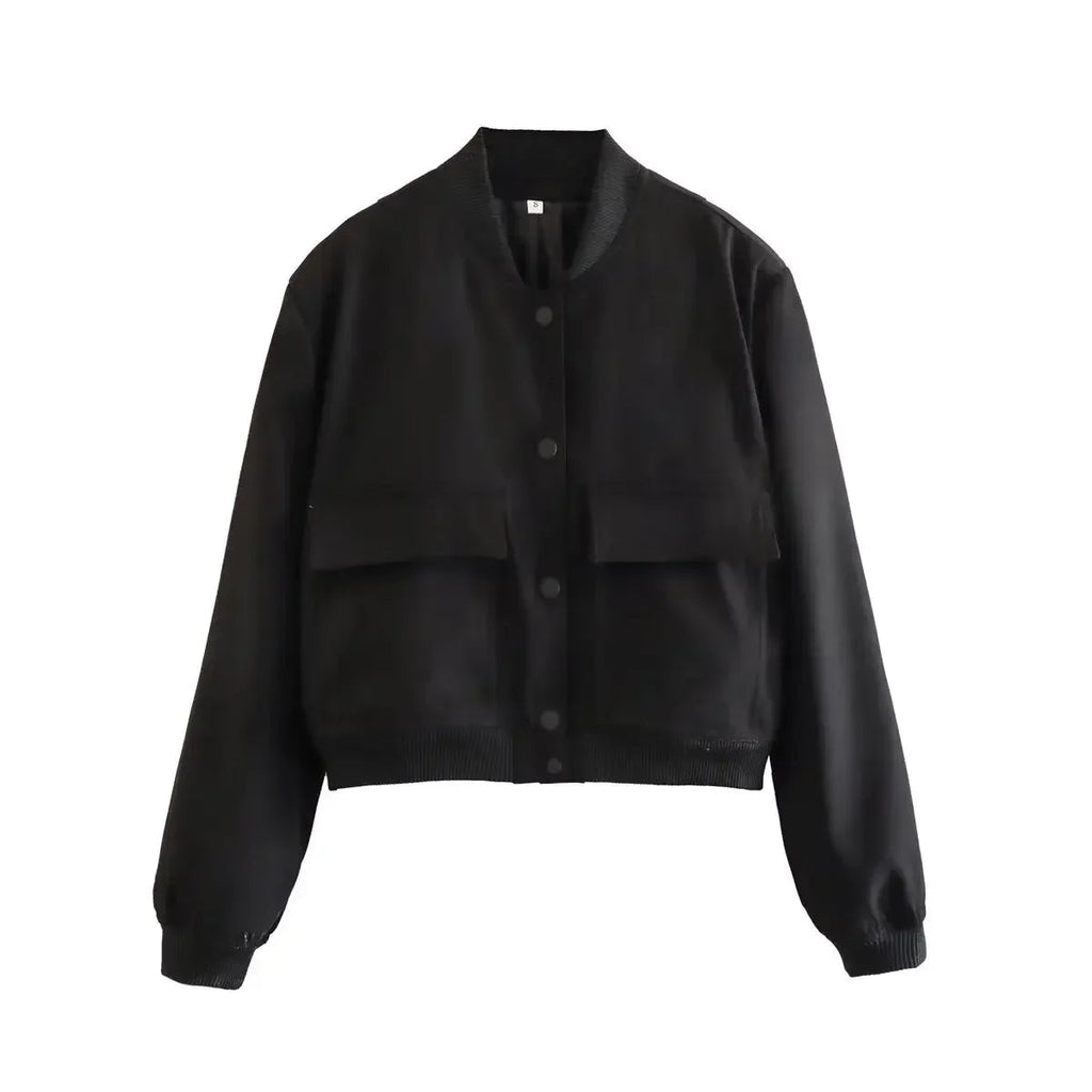Basic Stand Collar Jacket Long Sleeve Cardigan Button Up Cropped Coat Baseball Outerwear Autumn Winter Clothes