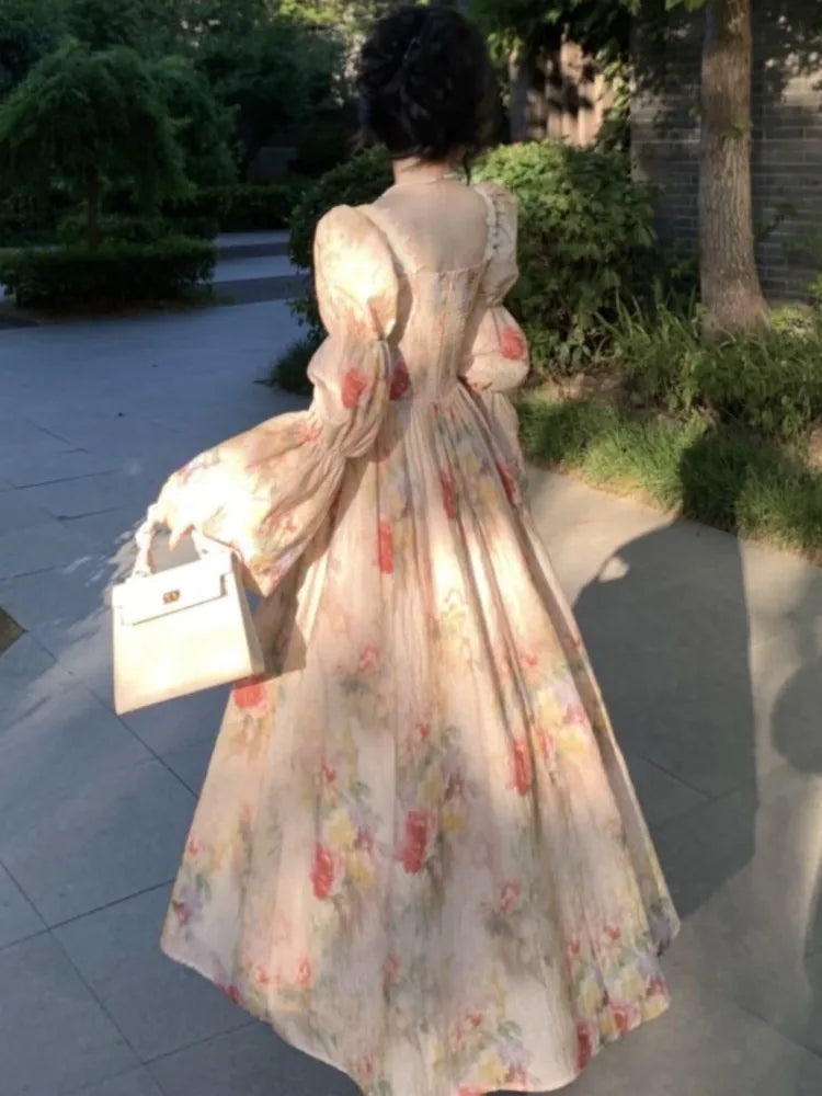 Autumn Painting Printed Long Dress French New Square Collar Lantern Sleeve Midi Dress Laceup Lady Vestidos Largos
