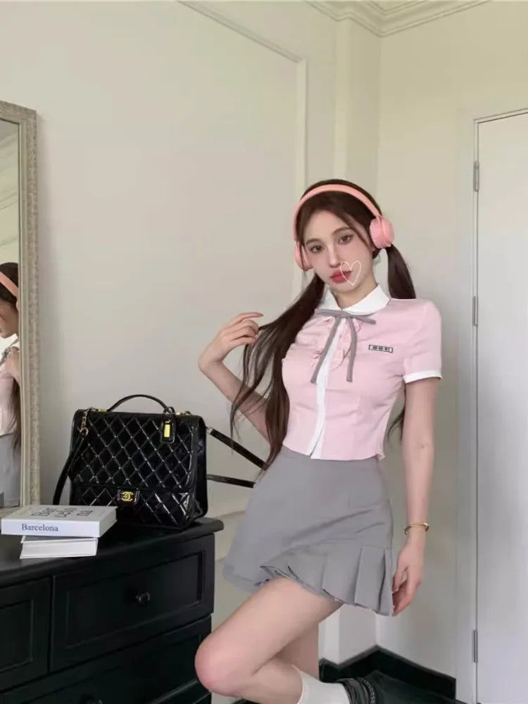 Kawaii Pink Blouse Preppy Style Short Sleeve Lace Up Lapel Collar Shirt Summer Slim Fit Aesthetics Clothes