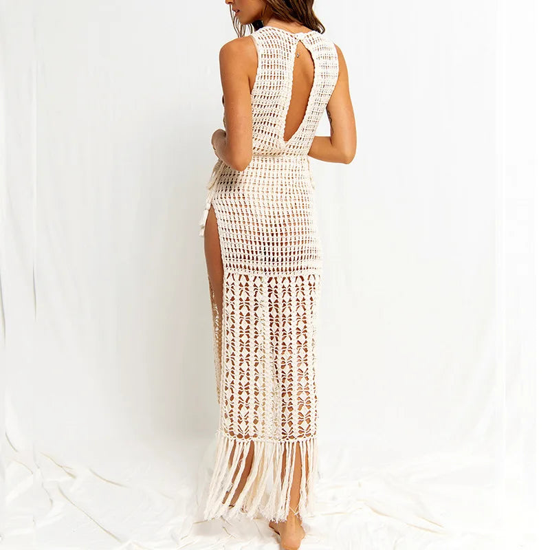 Crochet Knitted Maxi Dress Beach Cover Up Dresses Summer High Cut Tassel Dress Swimsuit Beachwear Outfits