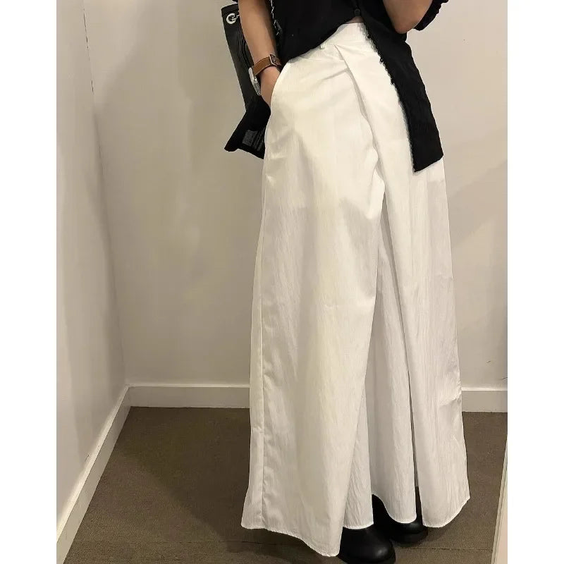 Color Pleated Midlength Skirt Summer New Korean High Waist Loose All Match Aline Skirt