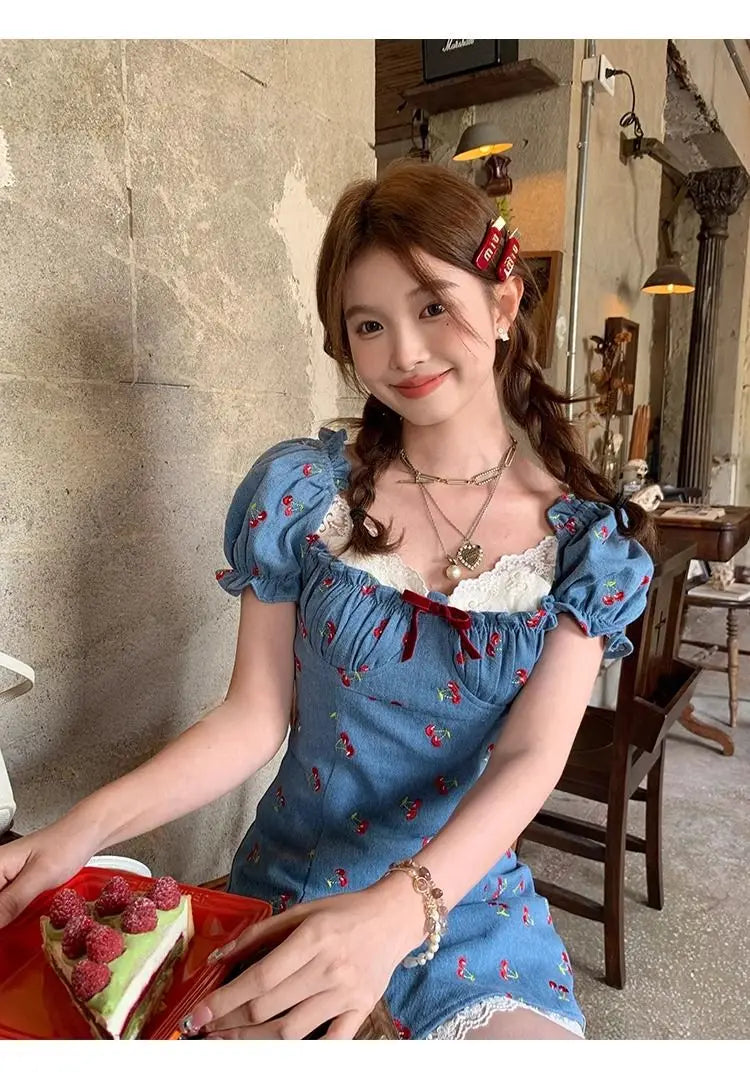 French Printing Mini Dress Japan Sweet Lace Summer One Piece Dress Fairy Evening Party Denim Dresses