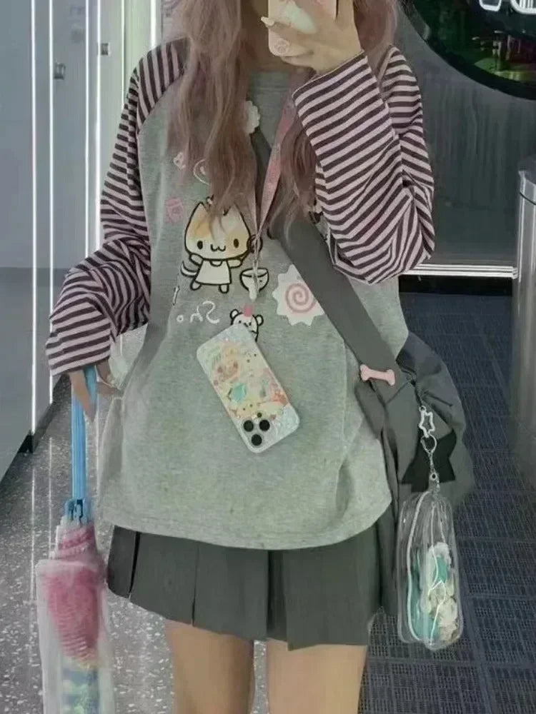 Harajuku Stripe T Shirt E-girl Kawaii Chinese Panda Graphic T-shirts Cutecore Cartoon Raglan Sleeve Clothes Autumn