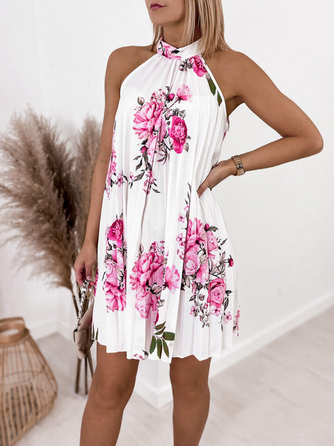 Print Sleeveless Pleated Off Shoulder Mini Dress Beach Vestidosn Ms Chuh Summer Dresses for