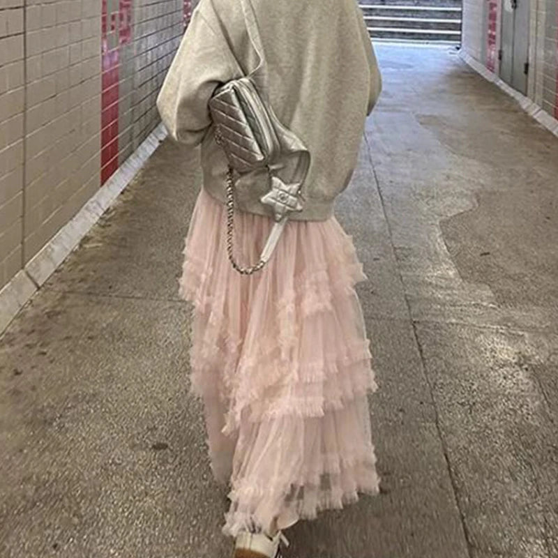 Pleated Loose Mesh Midlength Skirt Summer New Korean High Waist Color All Match Aline Skirt