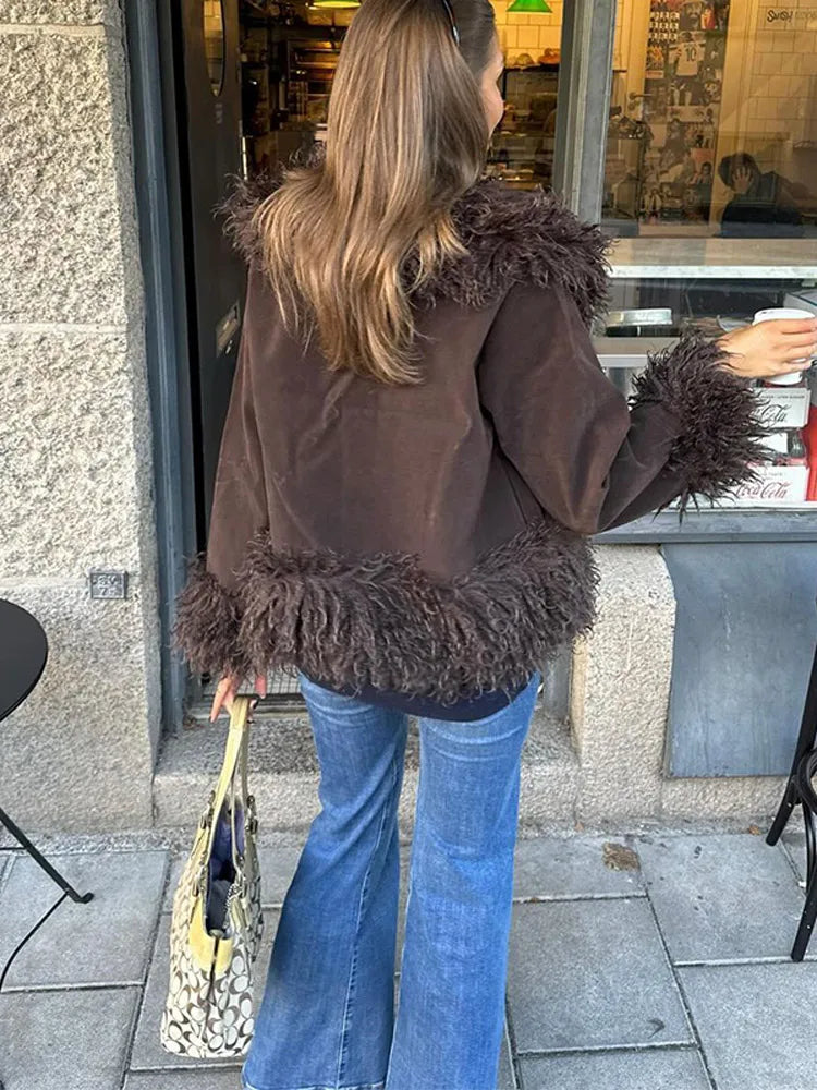 Coffee Fur Patchwork Cardigan Jacket for Long Sleeve Warm Loose Coats Lady High New