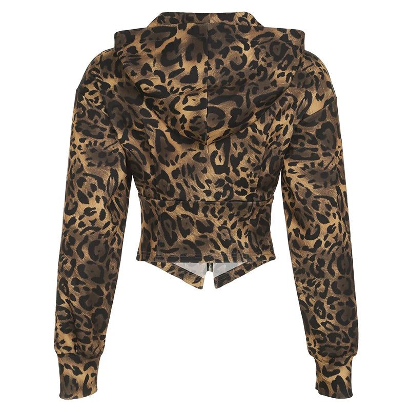 Autumn New Zip Up Hooded ��s Sweats Long Sleeve Binding Waist Leopard Hoodies Gyaru Baddie Y2k
