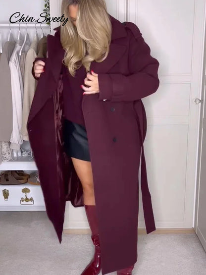 Burgundy Red Double Breasted Overcoat Lace Up Loose Lapel Pockets Long Sleeve Coat New High Street Outerwear