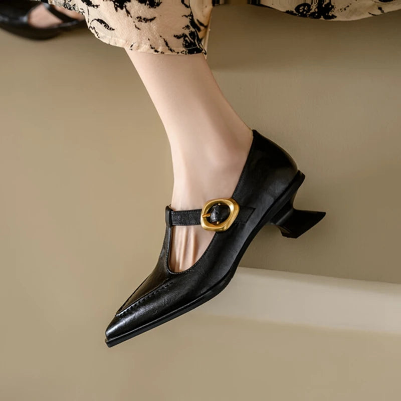 New Autumn/spring Pumps Split Leather Shoes for Pointed Toe Kitten Heel Shoes Soft Retro Buckle Mary Jane Shoe