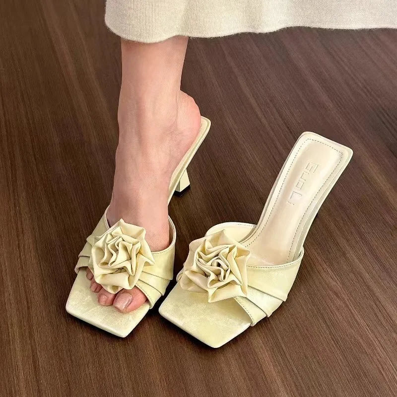 Shoes Woman Low Loafers Female Slippers Mules Cover Toe Slides Flower New Designer Pointed Fabric Rubbe