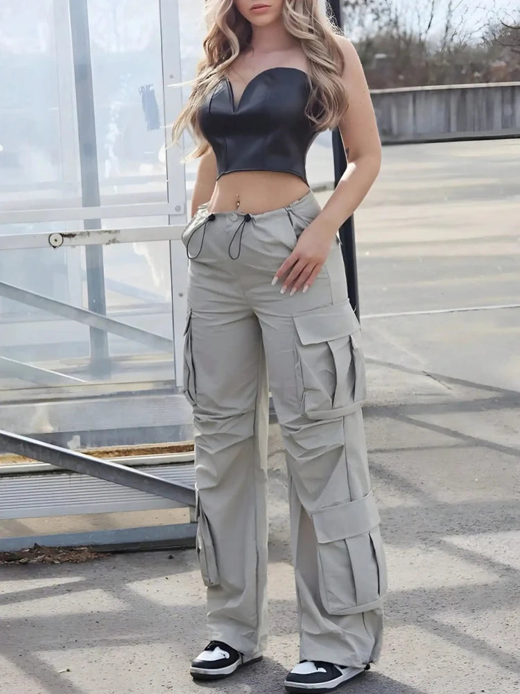 Y2k Cargo Pants Multiple Pocket Patchwork Drawstring Ruched Summer Loose Jogger Wide Leg Pants High Street