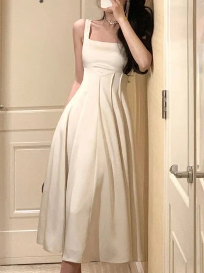 Satin Midi Dresses for Summer New Korean Vestido Wedding Evening Party Prom Clothes Female Robe