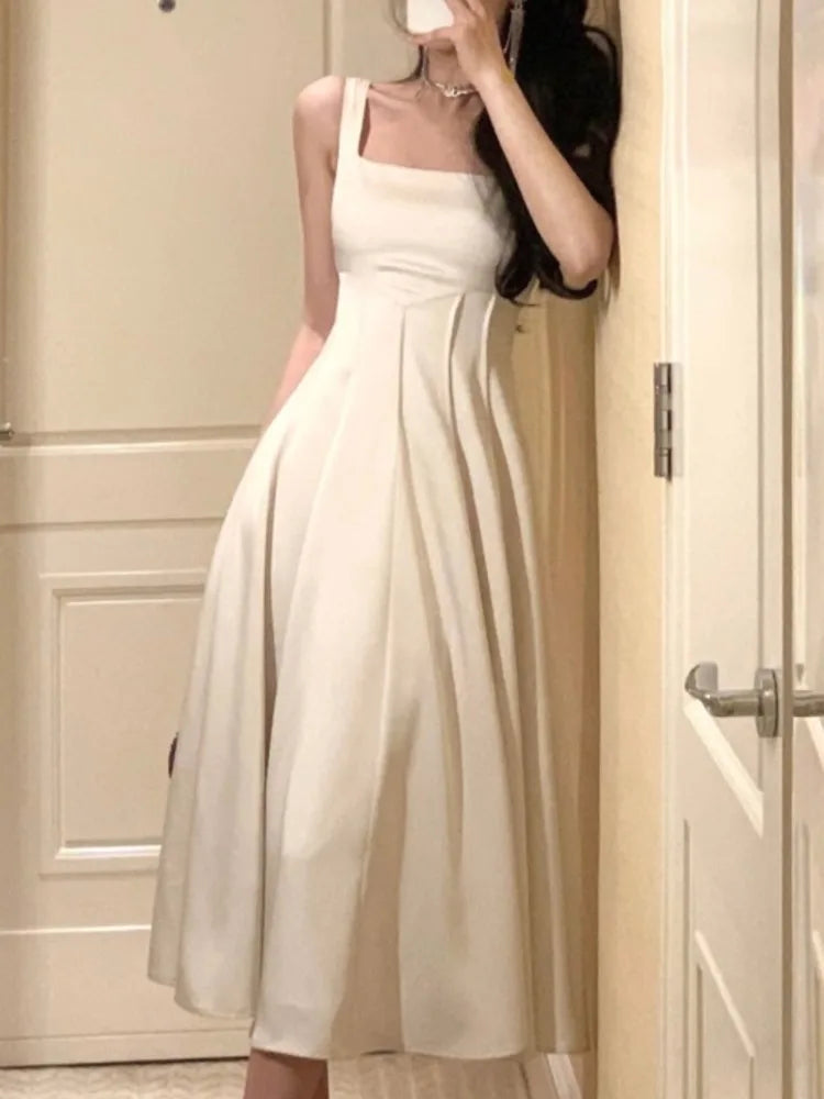 Satin Midi Dresses for Summer New Korean Vestido Wedding Evening Party Prom Clothes Female Robe