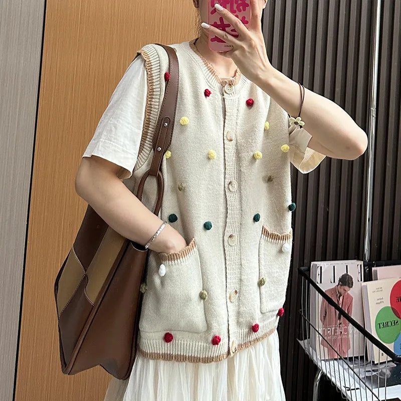Autumn New Sweater Vest Chaleco Mujer Japanese Loose Cardigan Waistcoat Sweet Wave Point Knitwear Top