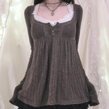 2000s Long Sleeve Babydoll Knitted Sweater Tops Cottage Milkmaid Pullovers Aesthetic Grunge Y2k Knitwear T-shirts