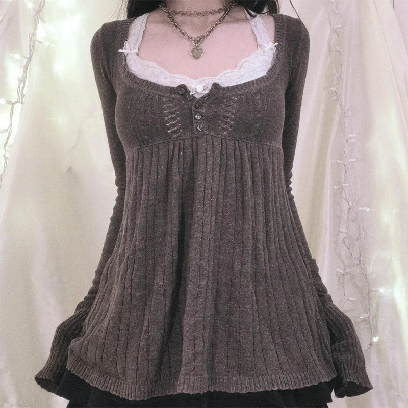 2000s Long Sleeve Babydoll Knitted Sweater Tops Cottage Milkmaid Pullovers Aesthetic Grunge Y2k Knitwear T-shirts