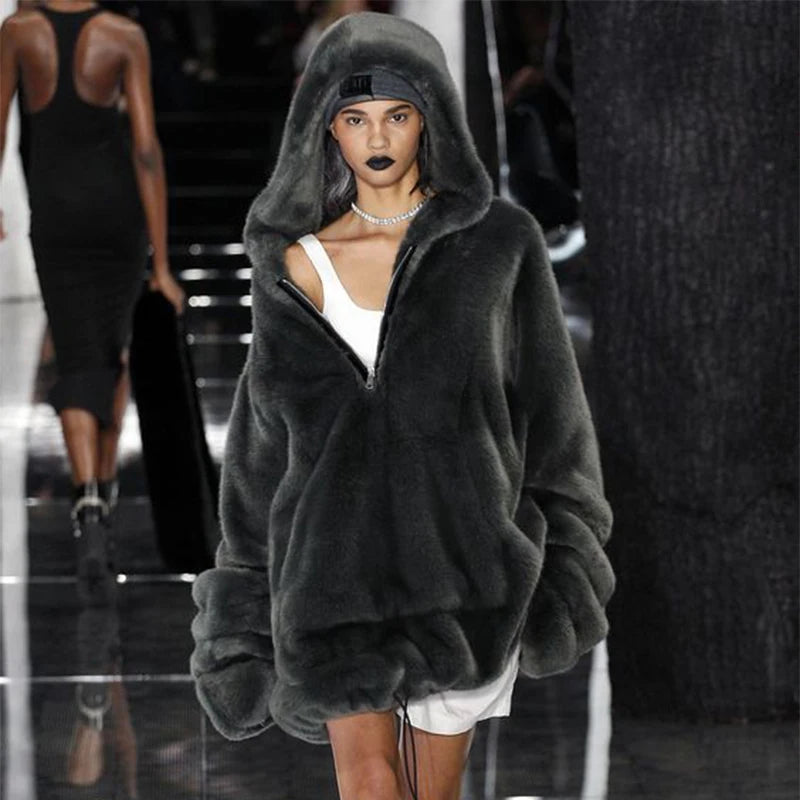 Runaway Brand Faux Fur Long Coat Big Pocket Warm Jacket Zip Hooded Fake Rabbit Fur Plush Overcoats