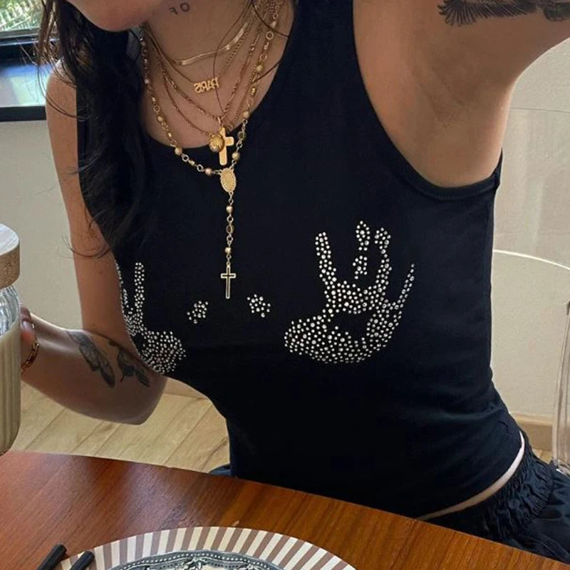 Y2k European and American ’s Summer New Round Neck Hot Diamond Sleeveless Open Navel Slim Fit Tank Top T-shirt Top
