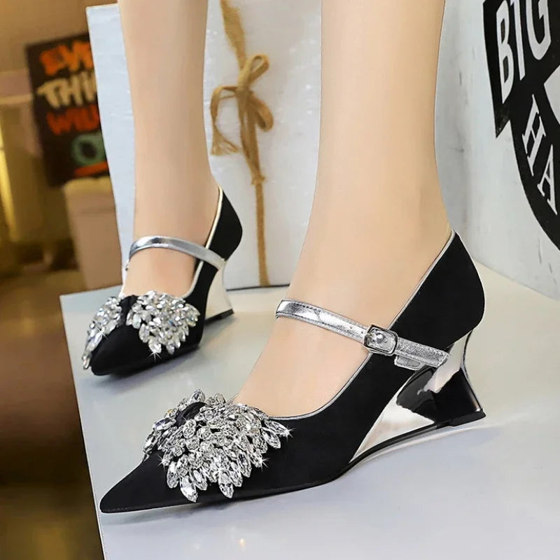 Rhinestone Design Wedge Shoes Shallow Pointed Toe Pumps Female Diamond Butterflyknot High Heels Zapatos De Mujer