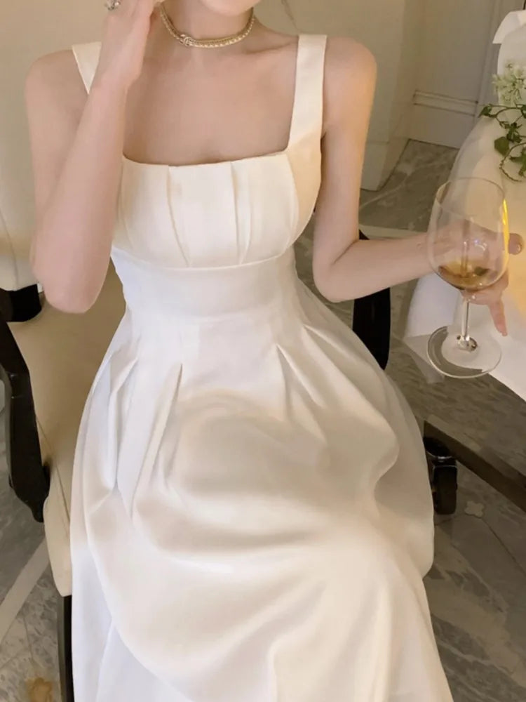 Summer Spring Dresses French Spaghetti Strap Sleeveless Princess Evening Party Midi Dress Slim Waist Vestidos Robe
