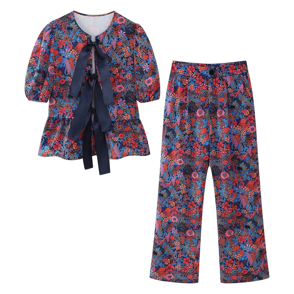 2 Piece Set Printed Lace Up Blouse Top Oneck Short Sleeve Tshirt Loose High Waist Wide Leg Pant