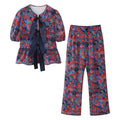2 Piece Set Printed Lace Up Blouse Top Oneck Short Sleeve Tshirt Loose High Waist Wide Leg Pant