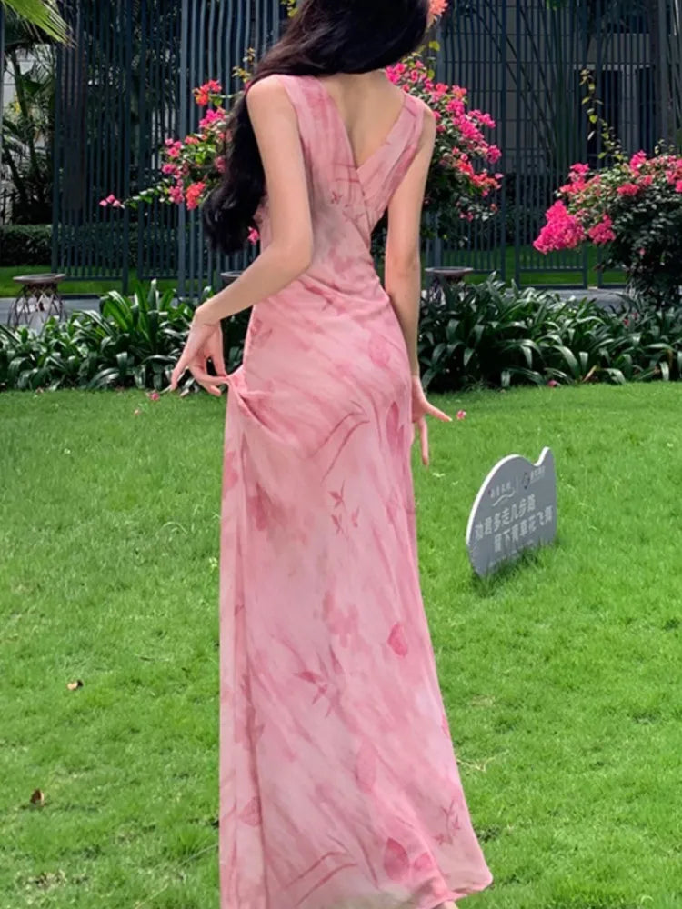 Print Long Dresses Vneck Sleeveless Bodycon Evening Party Dress New Slim Waist Vestidos Mujer New Robe