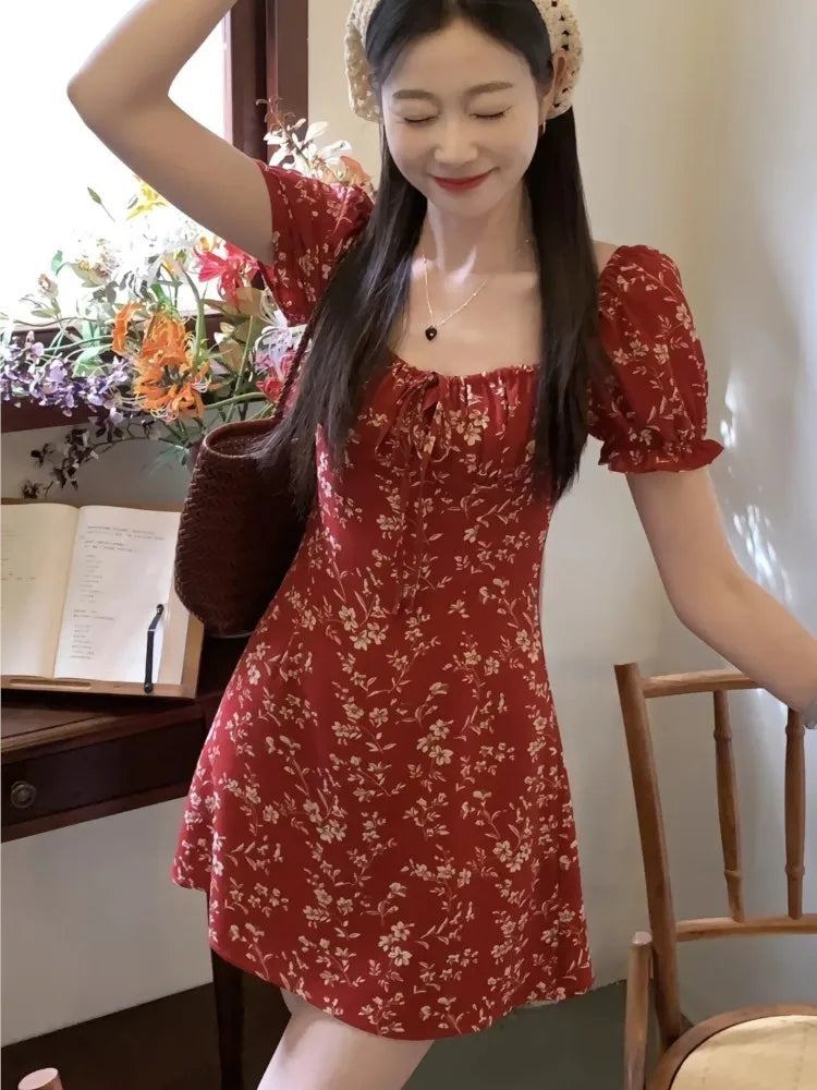 Summer New Printed Midi Dresses for Square Collar Puff Sleeve French Korean One Piece Vestido Mujer