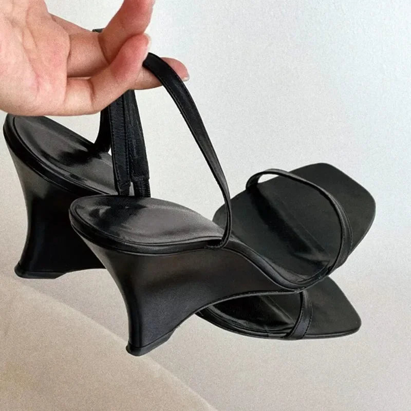 Wedge Heeled Sandals Slingback Slide Slippers Summer Square Toe High Heels Party Dress Shoes Sandalias