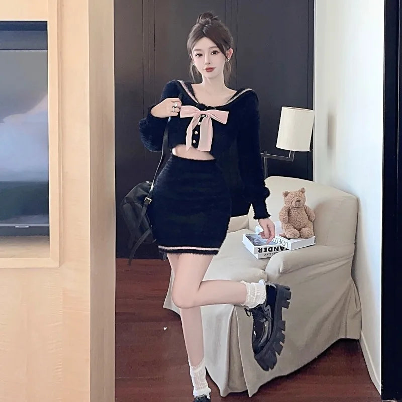 Sweet Hot Girl College Style Suit Autumn and Winter Bow Sweater Wrap Hip Mini Skirt Twopiece Set Female Clothes
