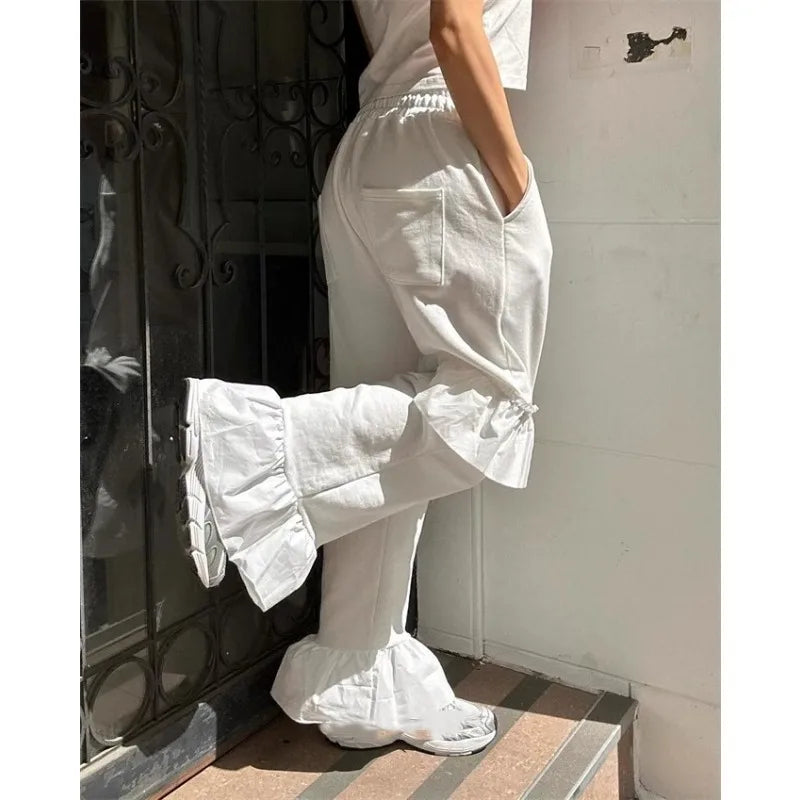 Korean Retro Ruffled Stitching Drawstring Pants Spring and Summer White Flare Pants
