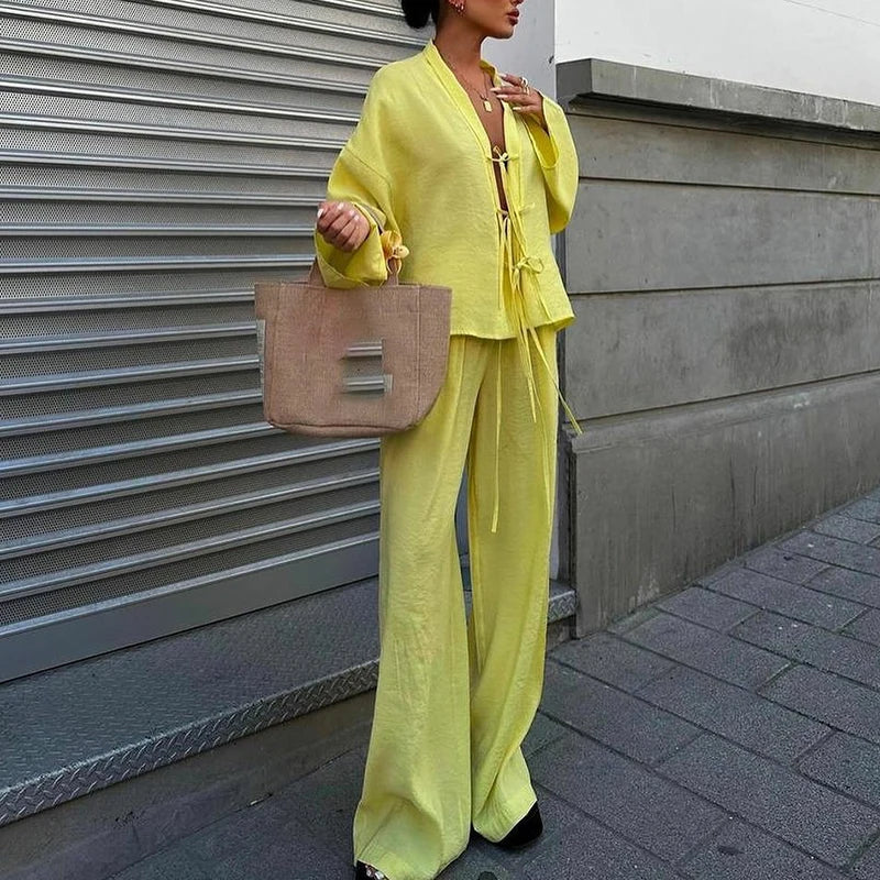 V Neck Lace Up Top and Pants 2 Piece Set New Spring Long Sleeved Loose Suit Simple Color High Street Outfits