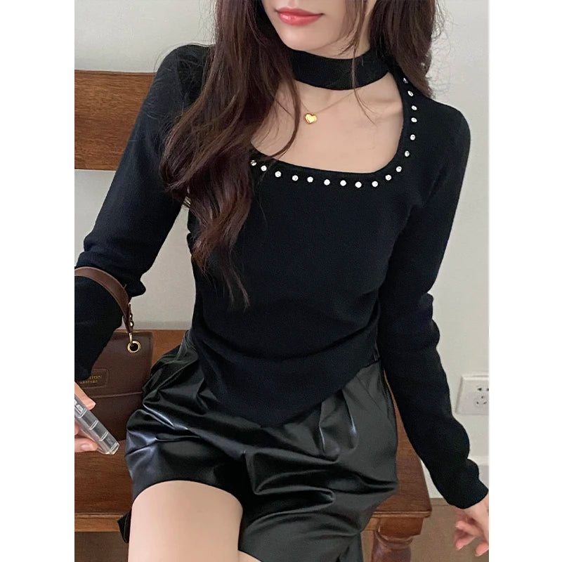 No Maillard Rule Neck Cutout Knitted Bottoms Autumn Design Sense of Pure Spice ' Slim Fit Short Suit Sweater