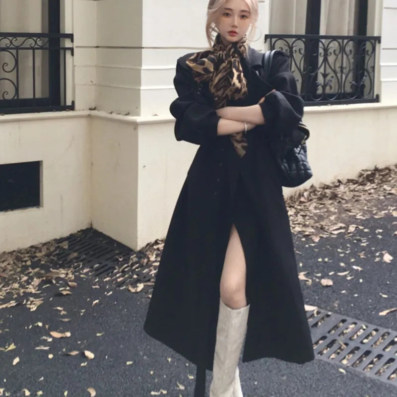 Autumn Winter Woman New Lapel Windbreaker Trench With Belt Korean Style Outerwears Midi Coats