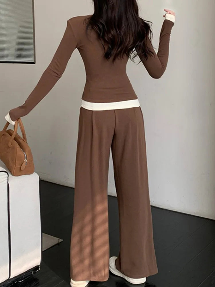 Autumn Two-piece Pants Set Long Sleeves V-neck Single Breasted Top Wide Leg Pants Korean Outfits New