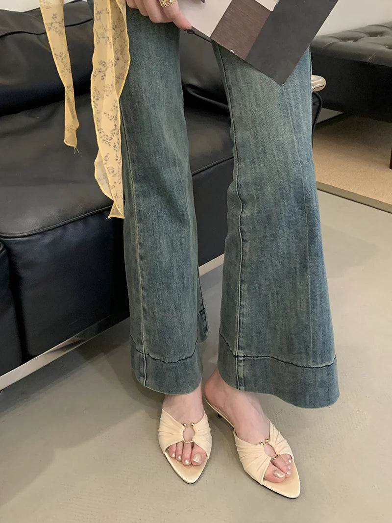 Pleated Silk Hollow Out Metal Buckle Slippers Sandal Summer Pointed Toe Low Thin Heels Beach Party Female Shoes