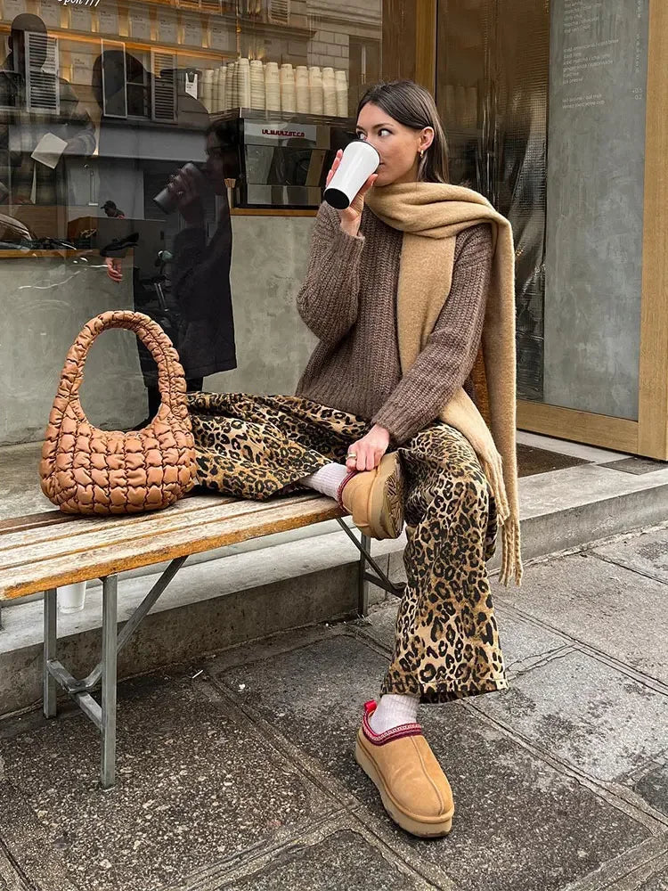 Leopard Printed Loose Wide Leg Pants High Waist Long Trousers New Lady Commute