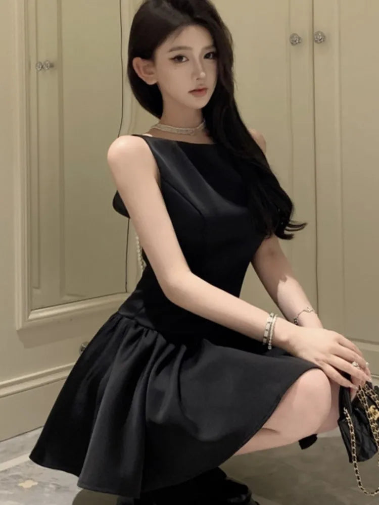 Korean Romantic Pearl Chain Backless Lace Up Princess Mini Dresses Sweet a Line Dress Birthday Evening Party Clothes